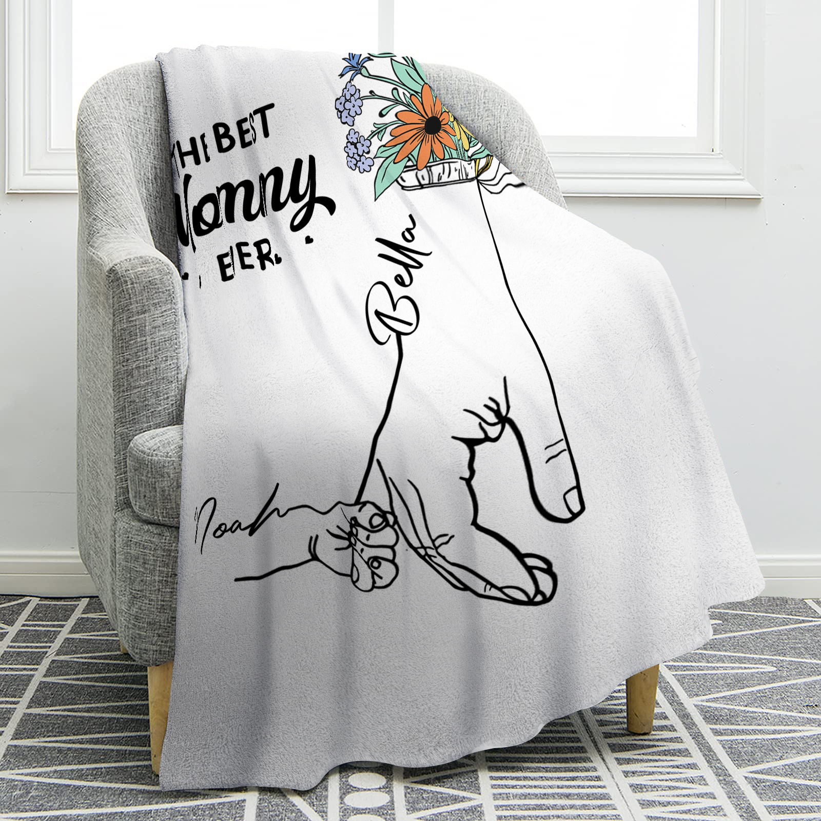 Personalized Holding Hand Family Blanket - Custom 2-8 Names with Floral Accents Flannel Blanket Gift for Mommy | Jessmade