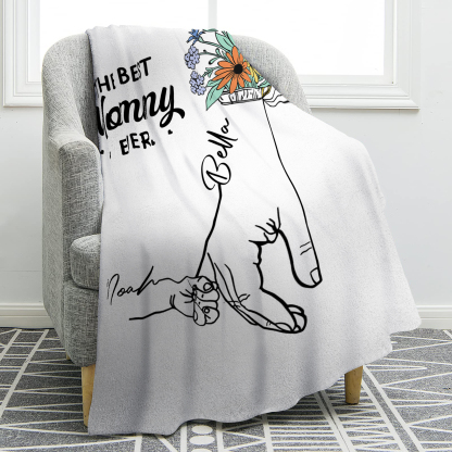 Personalized Holding Hand Family Blanket - Custom 2-8 Names with Floral Accents Flannel Blanket Gift for Mommy | Jessmade