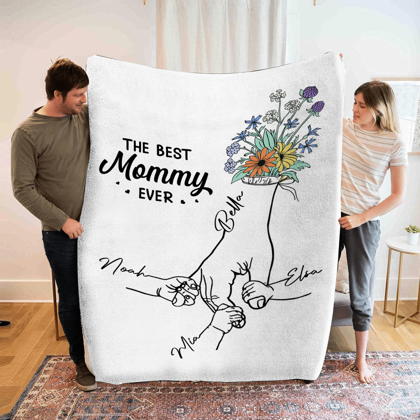 Personalized Holding Hand Family Blanket - Custom 2-8 Names with Floral Accents Flannel Blanket Gift for Mommy | Jessmade