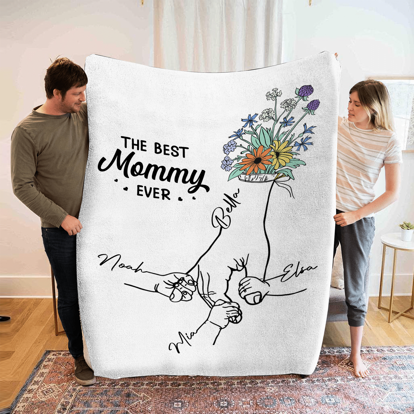 Personalized Holding Hand Family Blanket - Custom 2-8 Names with Floral Accents Flannel Blanket Gift for Mommy | Jessmade