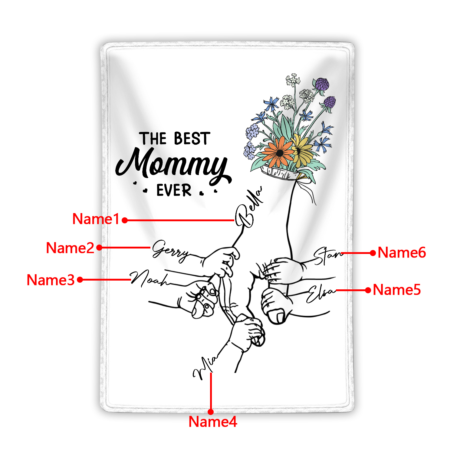 Personalized Holding Hand Family Blanket - Custom 2-8 Names with Floral Accents Flannel Blanket Gift for Mommy | Jessmade