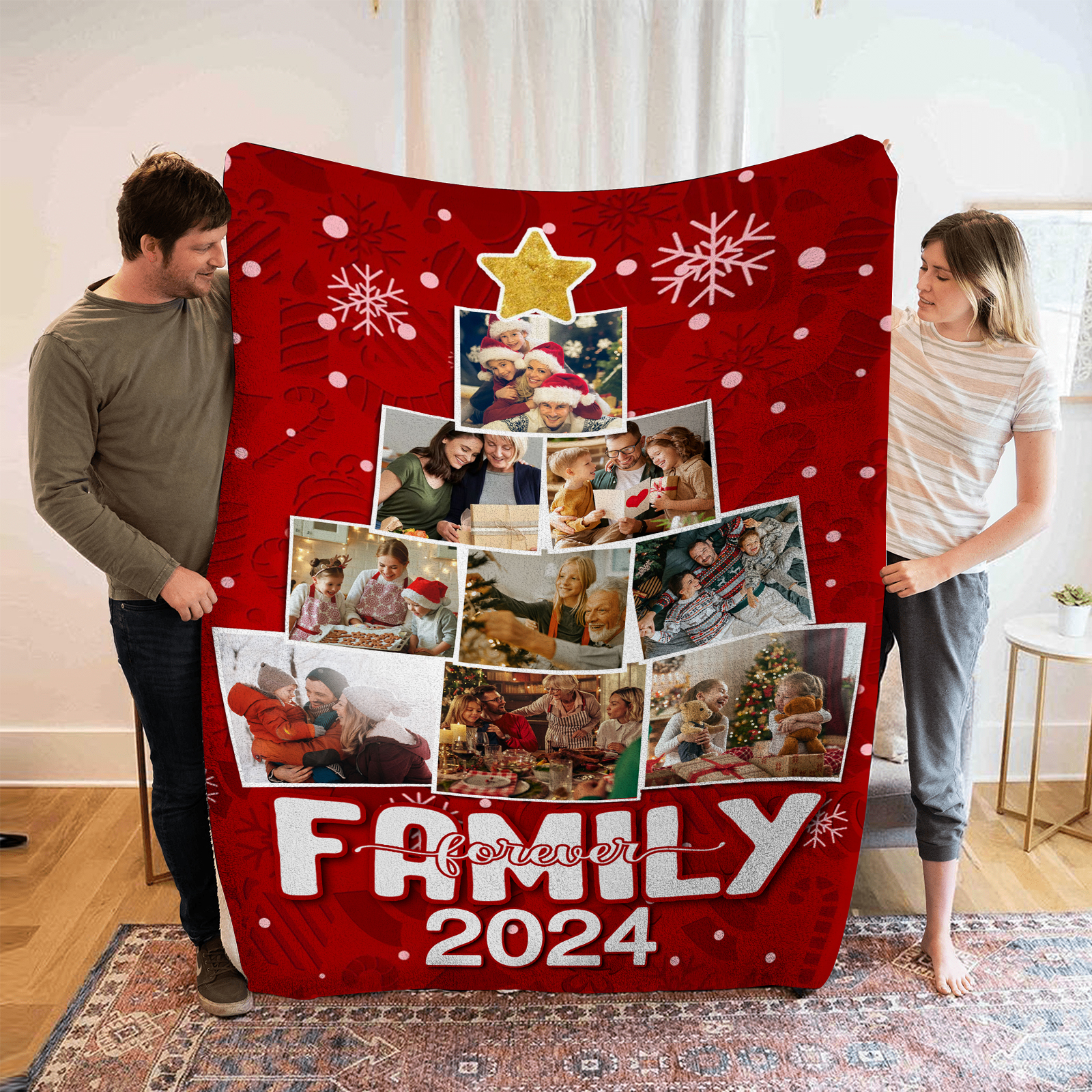 Personalised Family Photo Blanket Custom 9 Photos & 1 Year Red Blanket Christmas Gift for Family | Jessemade