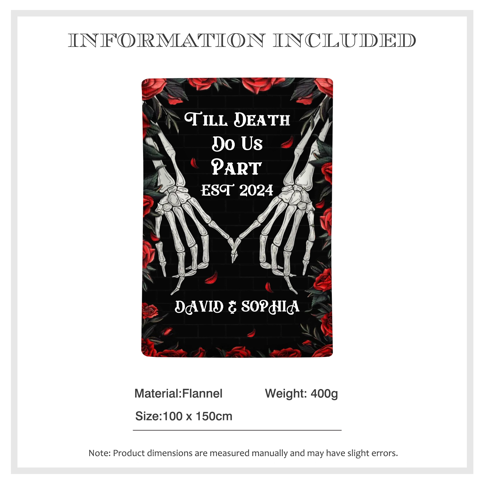 "Till Death Do Us Part' Design"-Personalised Skeleton Couple Blanket – Custom 2 Names & 1 Text Christmas Gift for Him/Her | Jessemade