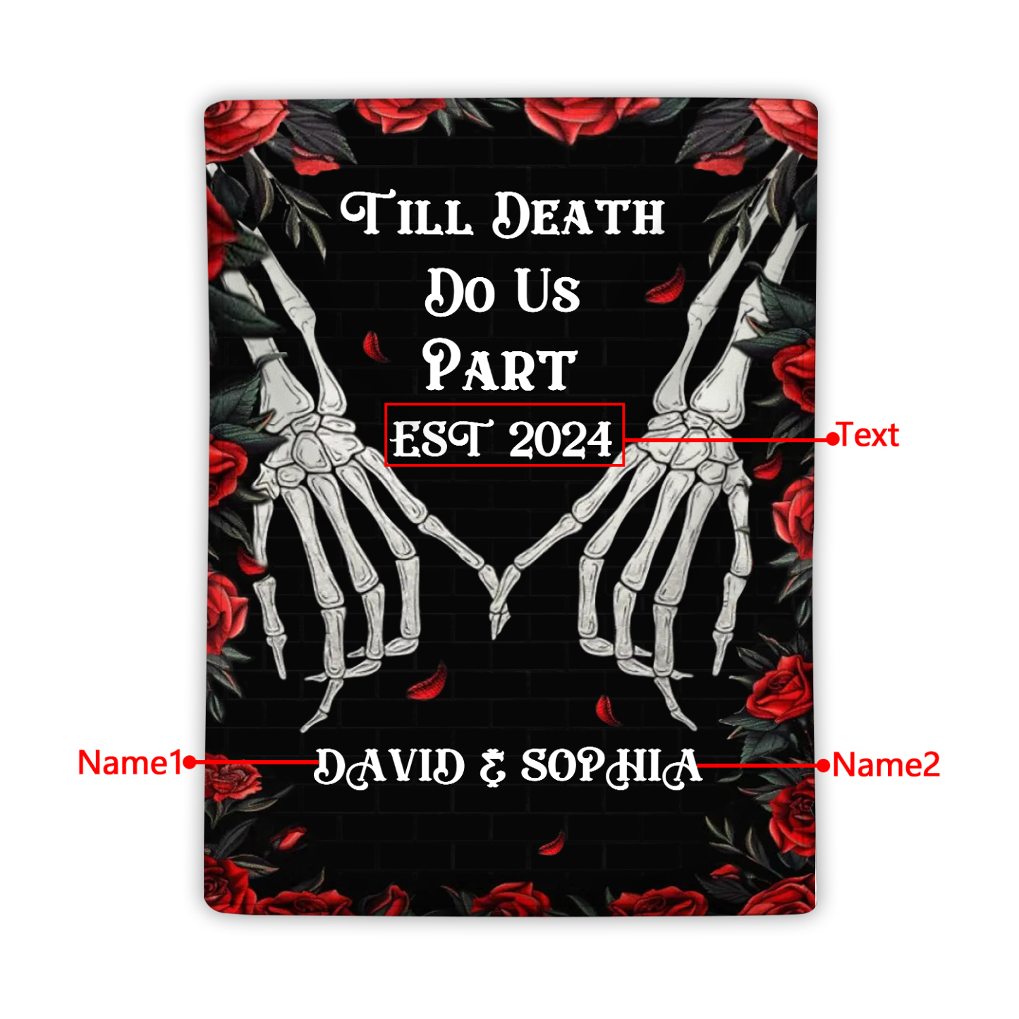 "Till Death Do Us Part' Design"-Personalised Skeleton Couple Blanket – Custom 2 Names & 1 Text Christmas Gift for Him/Her | Jessemade
