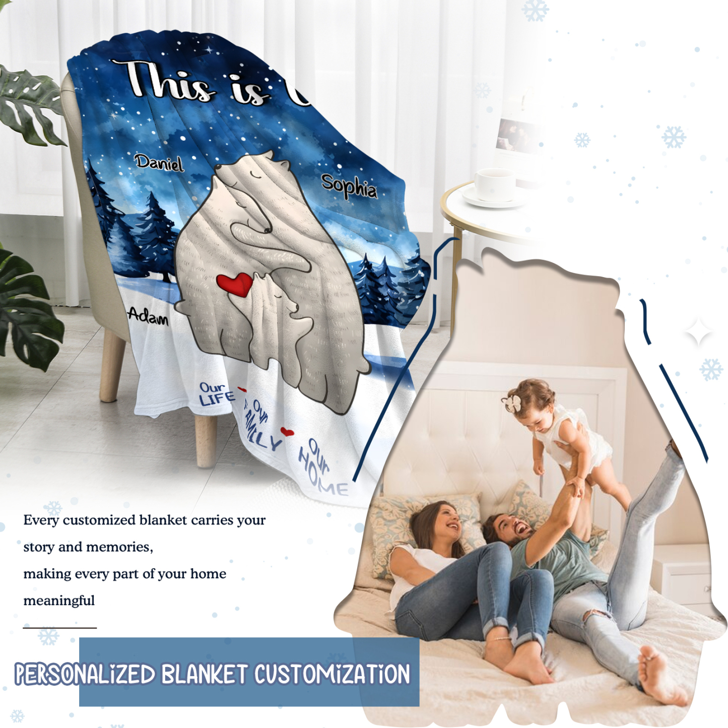 Personalised Family Bear Blanket - Custom 3 Names and Heartwarming Flannel Gift for Family | Jessmade