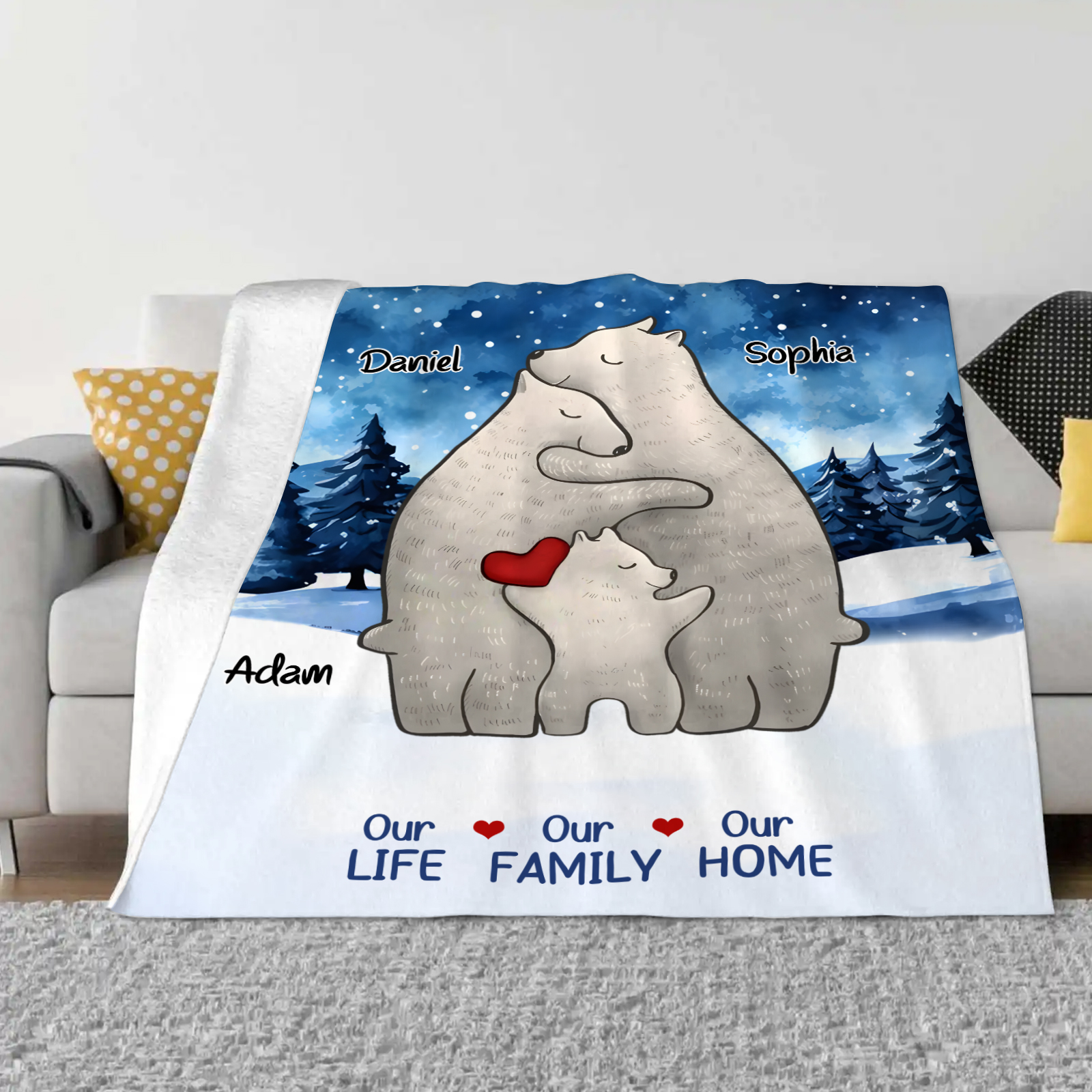 Personalised Family Bear Blanket - Custom 3 Names and Heartwarming Flannel Gift for Family | Jessmade