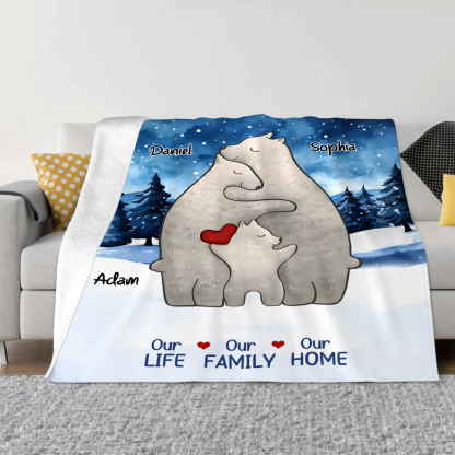 Personalised Family Bear Blanket - Custom 3 Names and Heartwarming Flannel Gift for Family | Jessmade