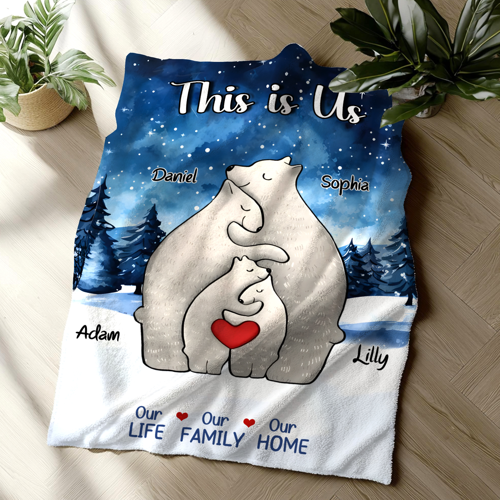 Personalised Family Bear Blanket - Custom 4 Names and Heartwarming Flannel Gift for Family | Jessmade