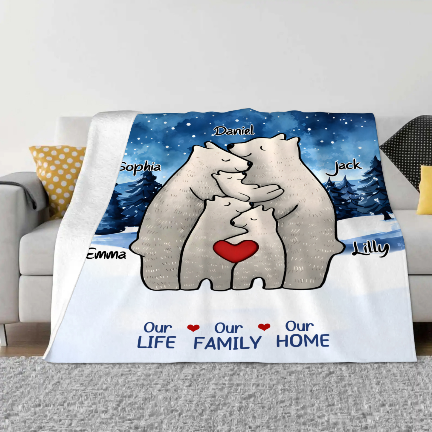Personalised Family Bear Blanket - Custom 5 Names and Heartwarming Flannel Gift for Family | Jessmade