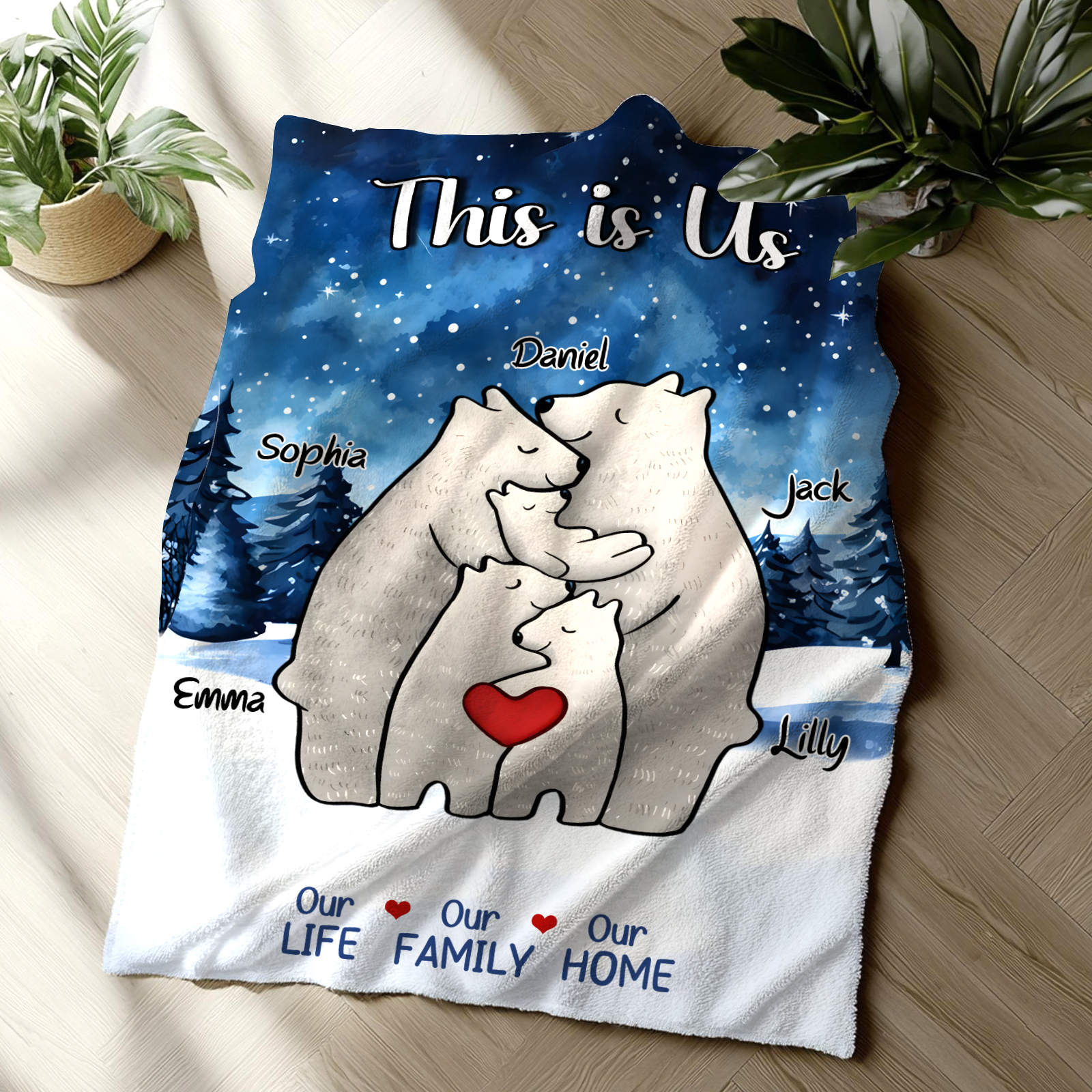 Personalised Family Bear Blanket - Custom 5 Names and Heartwarming Flannel Gift for Family | Jessmade