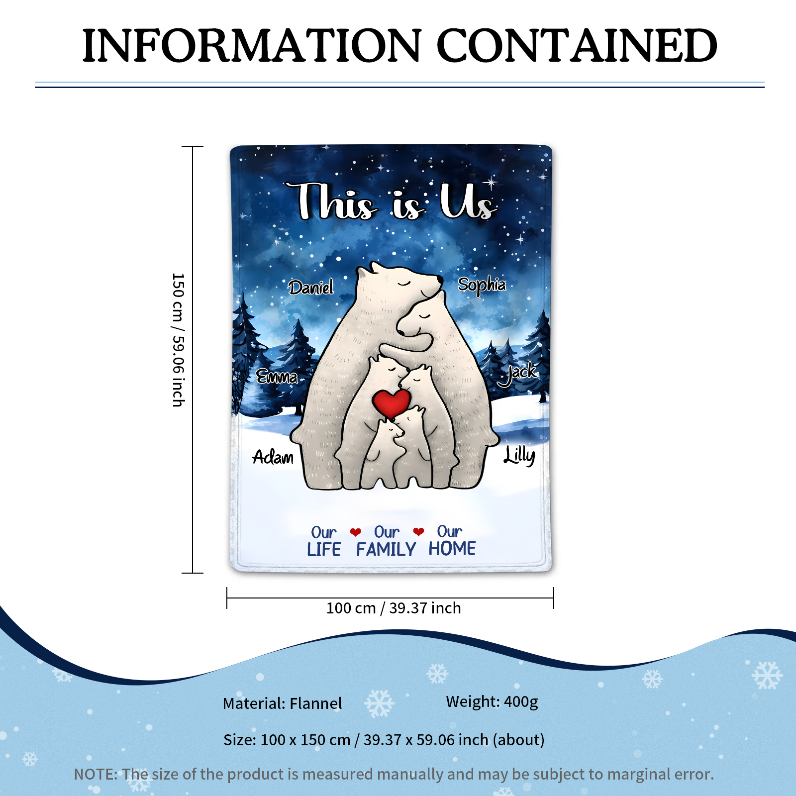 Personalised Family Bear Blanket - Custom 6 Names and Heartwarming Flannel Gift for Family | Jessmade