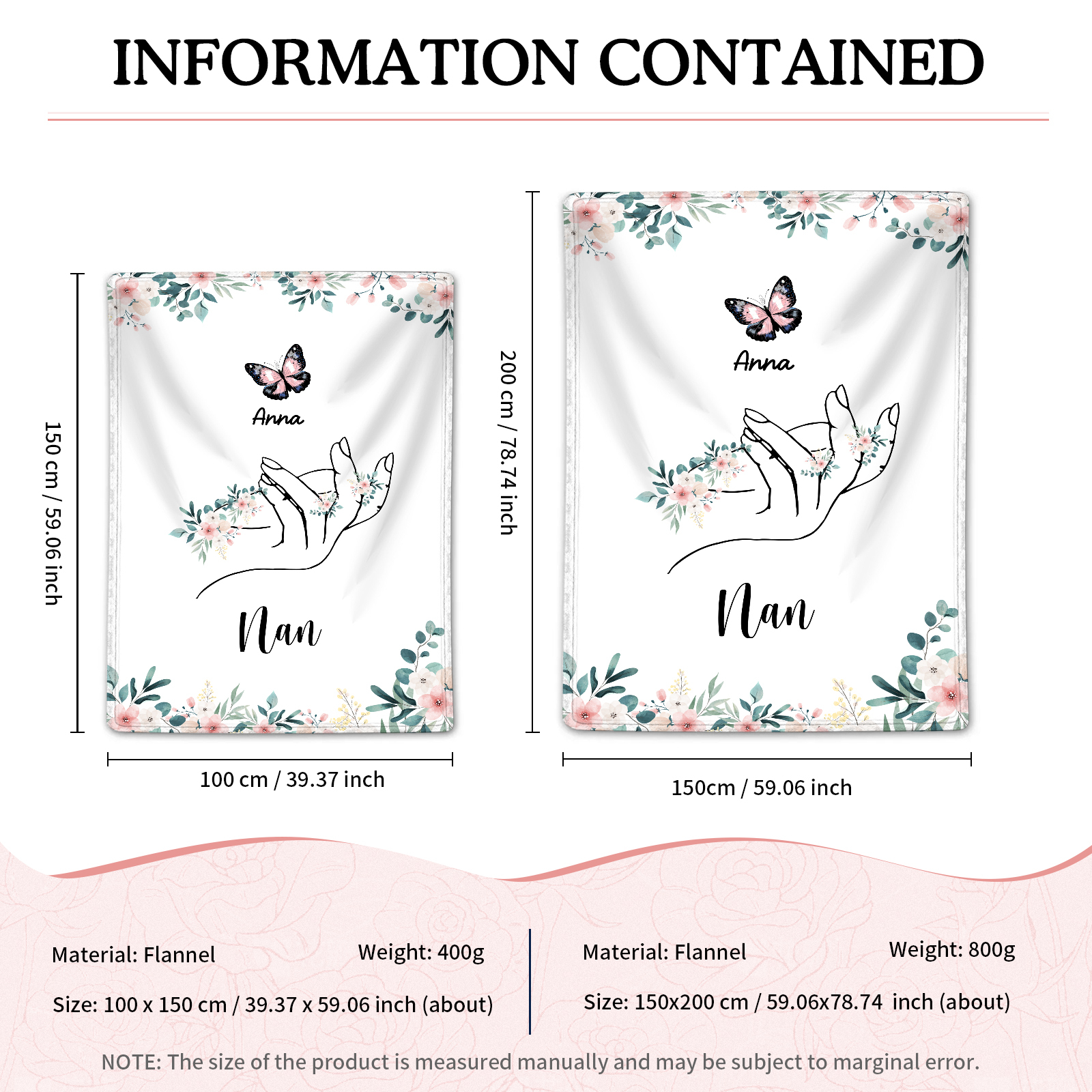 Personalised Butterfly Family Blanket - Custom 1 Name with Floral Accents Blanket Gift for Nan | Jessmade