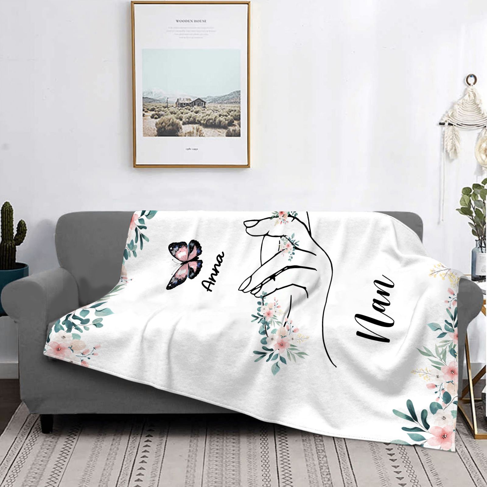 Personalised Butterfly Family Blanket - Custom 1 Name with Floral Accents Blanket Gift for Nan | Jessmade