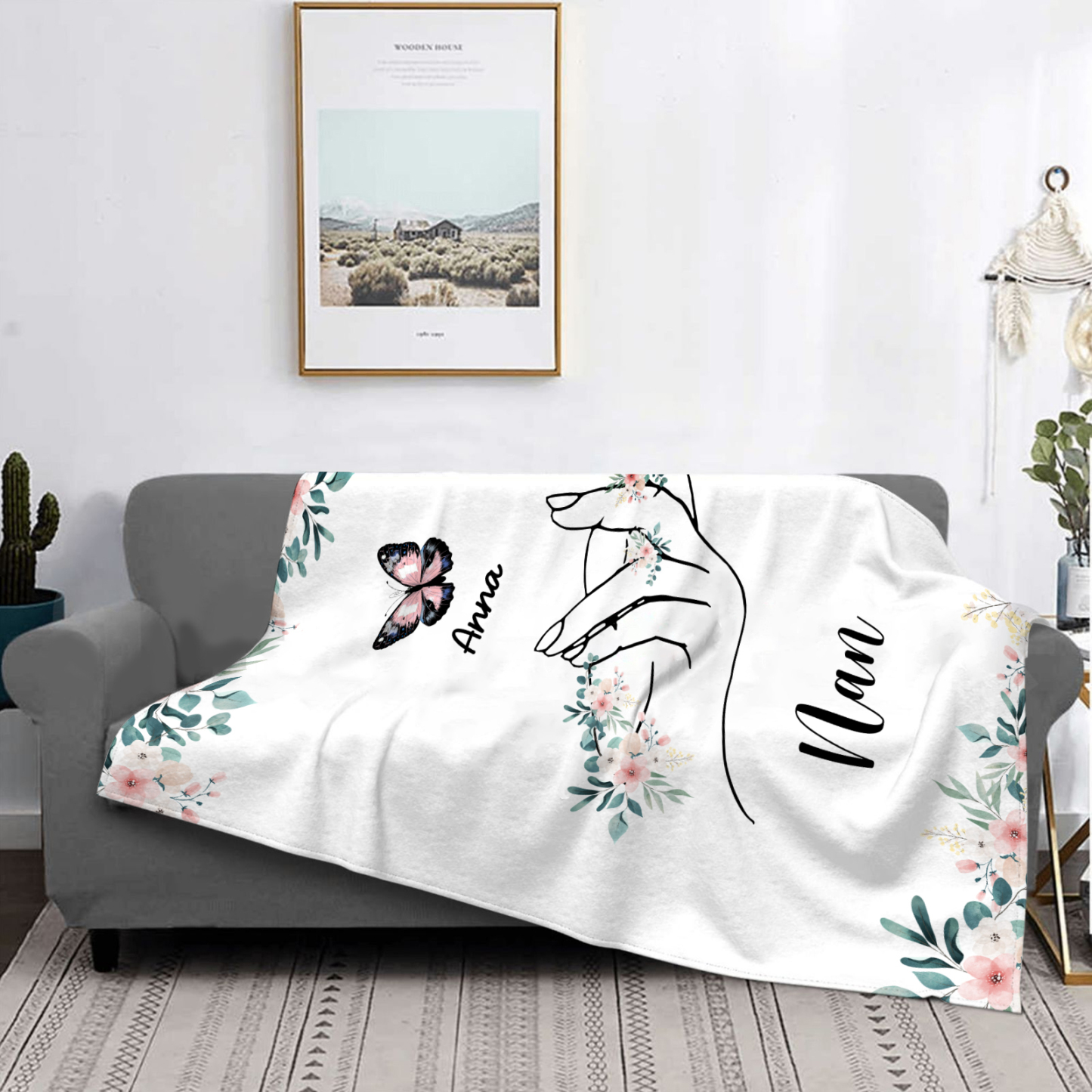Personalised Butterfly Family Blanket - Custom 1 Name with Floral Accents Blanket Gift for Nan | Jessmade
