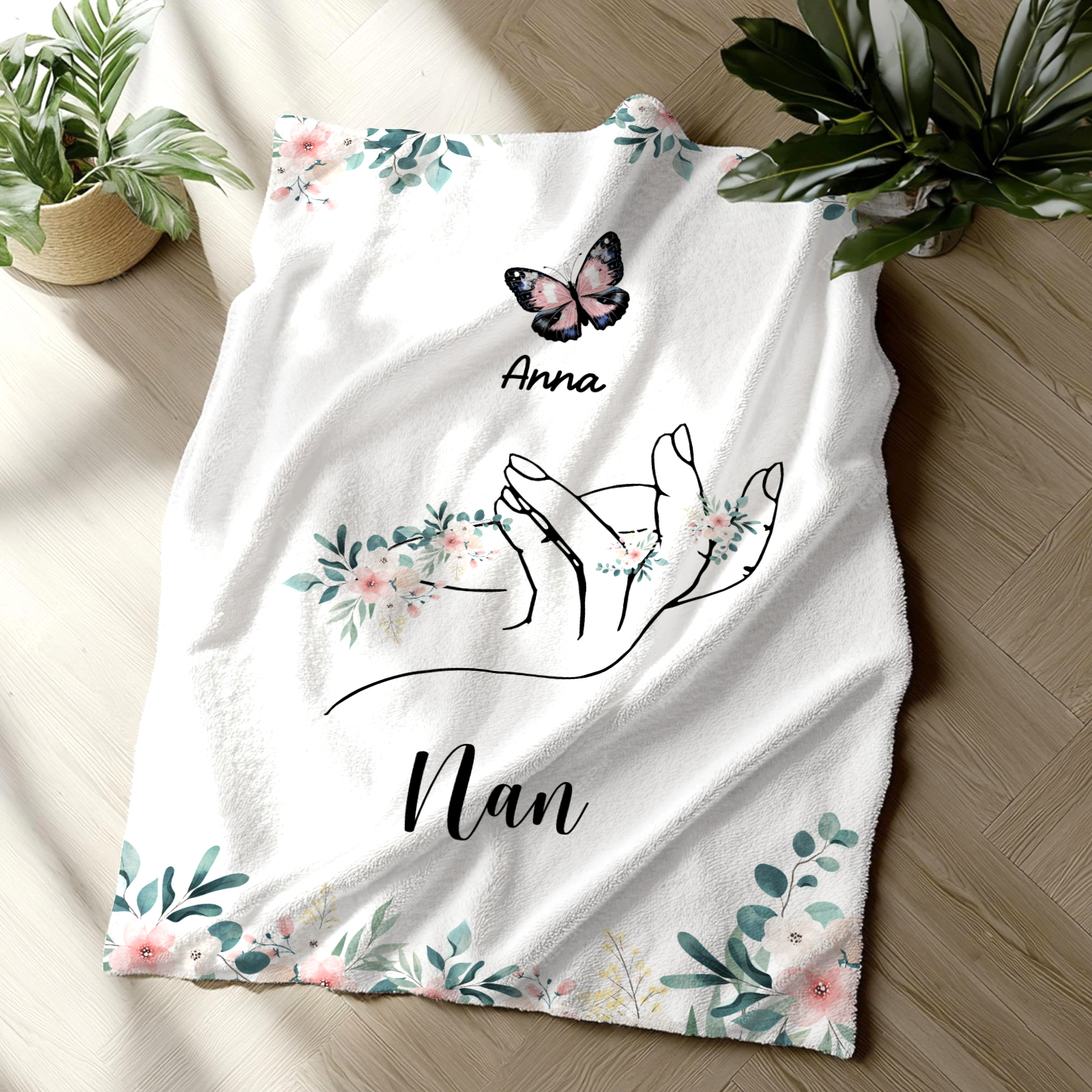 Personalised Butterfly Family Blanket - Custom 1 Name with Floral Accents Blanket Gift for Nan | Jessmade