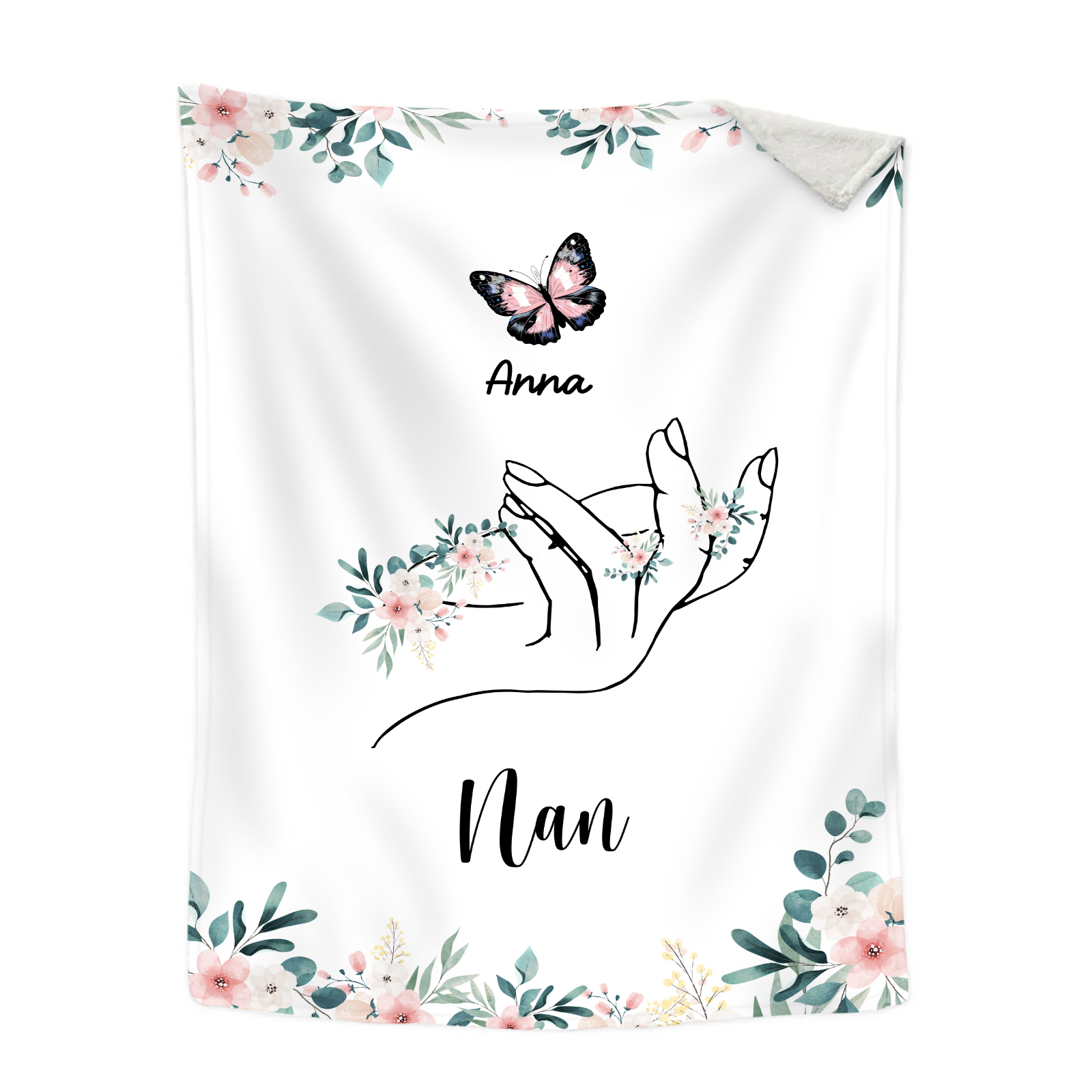 Personalised Butterfly Family Blanket - Custom 1 Name with Floral Accents Blanket Gift for Nan | Jessmade