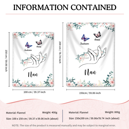 Personalised Butterfly Family Blanket - Custom 2 Names with Floral Accents Blanket Gift for Nan | Jessmade