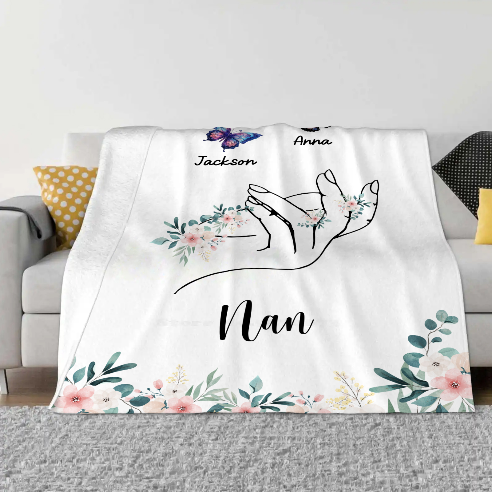 Personalised Butterfly Family Blanket - Custom 2 Names with Floral Accents Blanket Gift for Nan | Jessmade