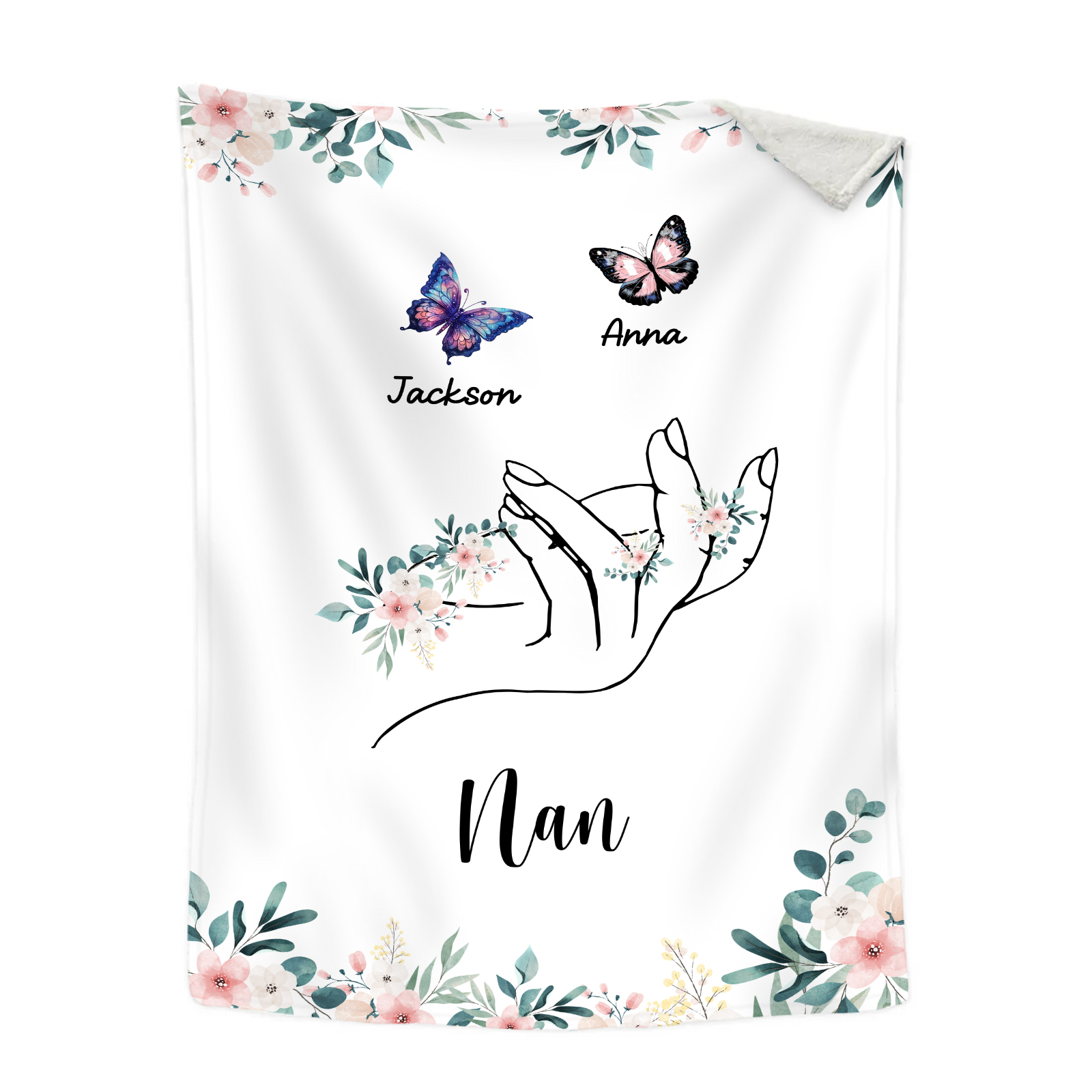 Personalised Butterfly Family Blanket - Custom 2 Names with Floral Accents Blanket Gift for Nan | Jessmade
