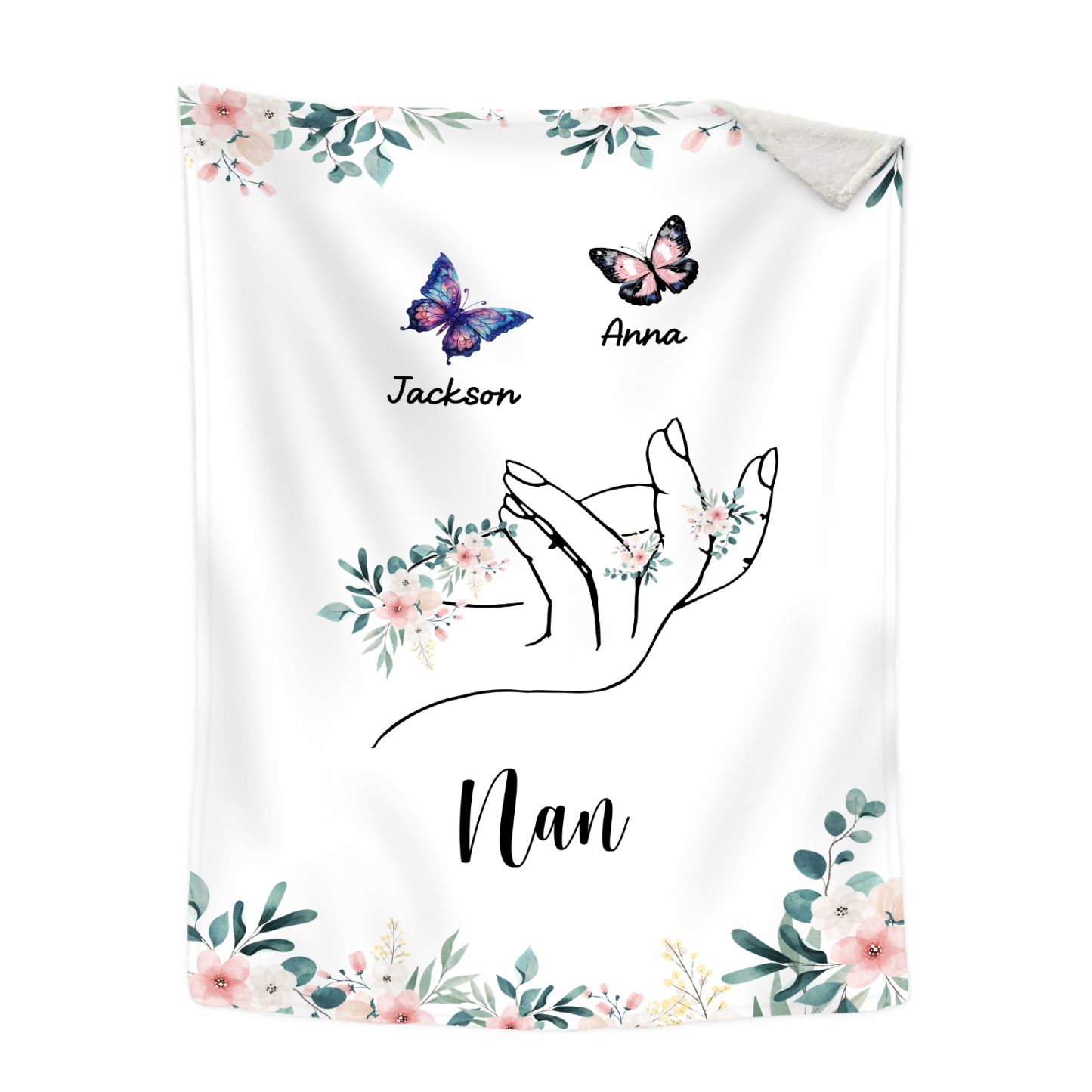 Personalised Butterfly Family Blanket - Custom 2 Names with Floral Acc