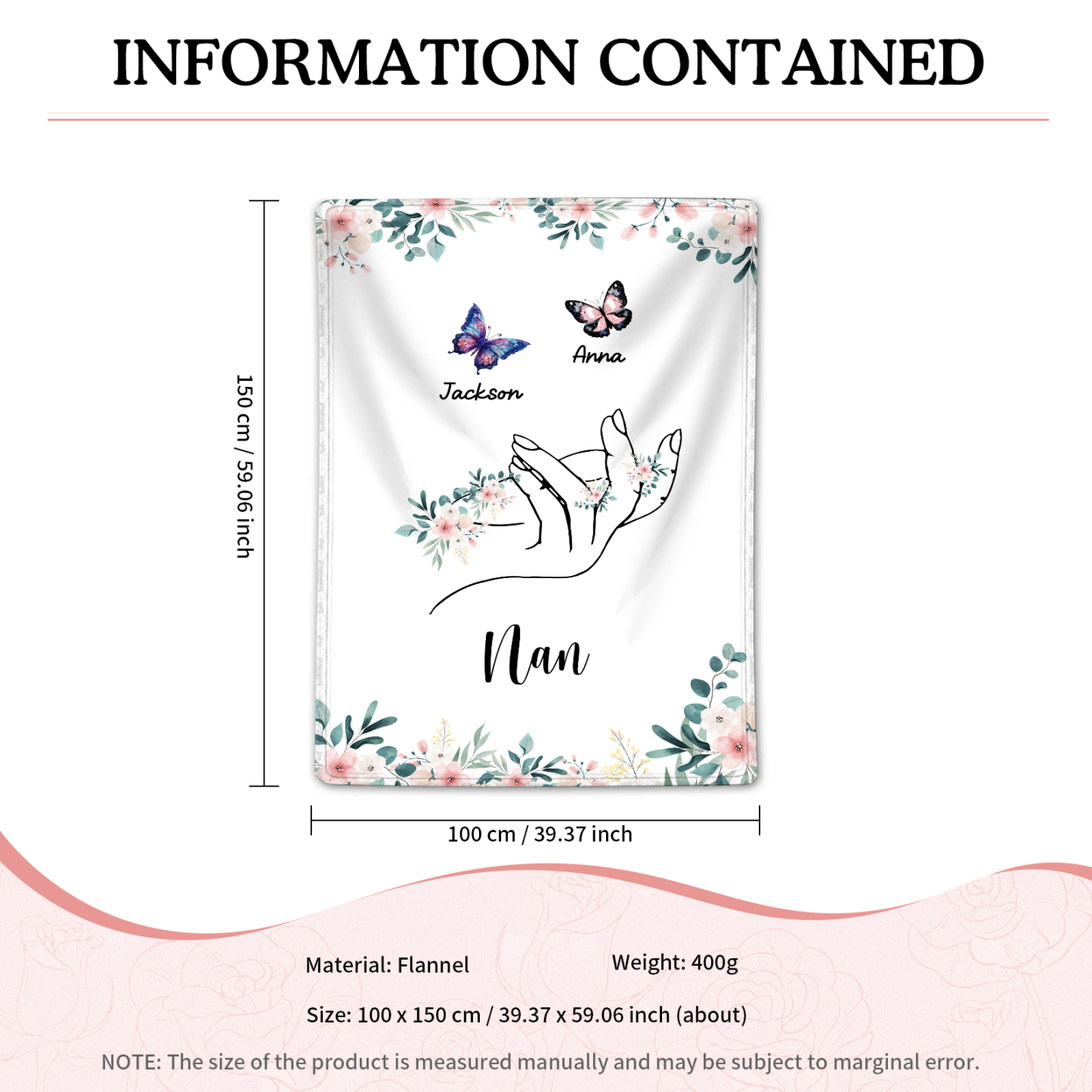 Personalised Butterfly Family Blanket - Custom 2 Names with Floral Accents Blanket Gift for Nan | Jessmade