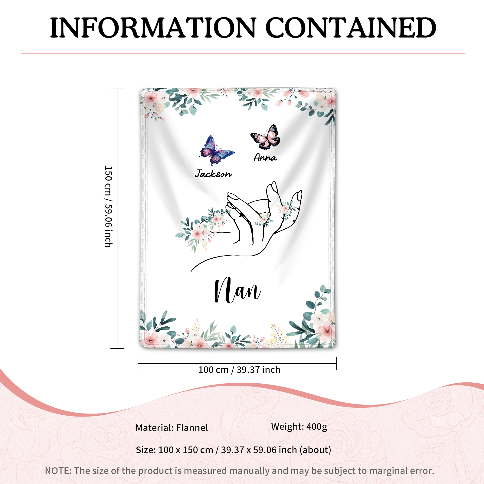 Personalised Butterfly Family Blanket - Custom 2 Names with Floral Accents Blanket Gift for Nan | Jessmade