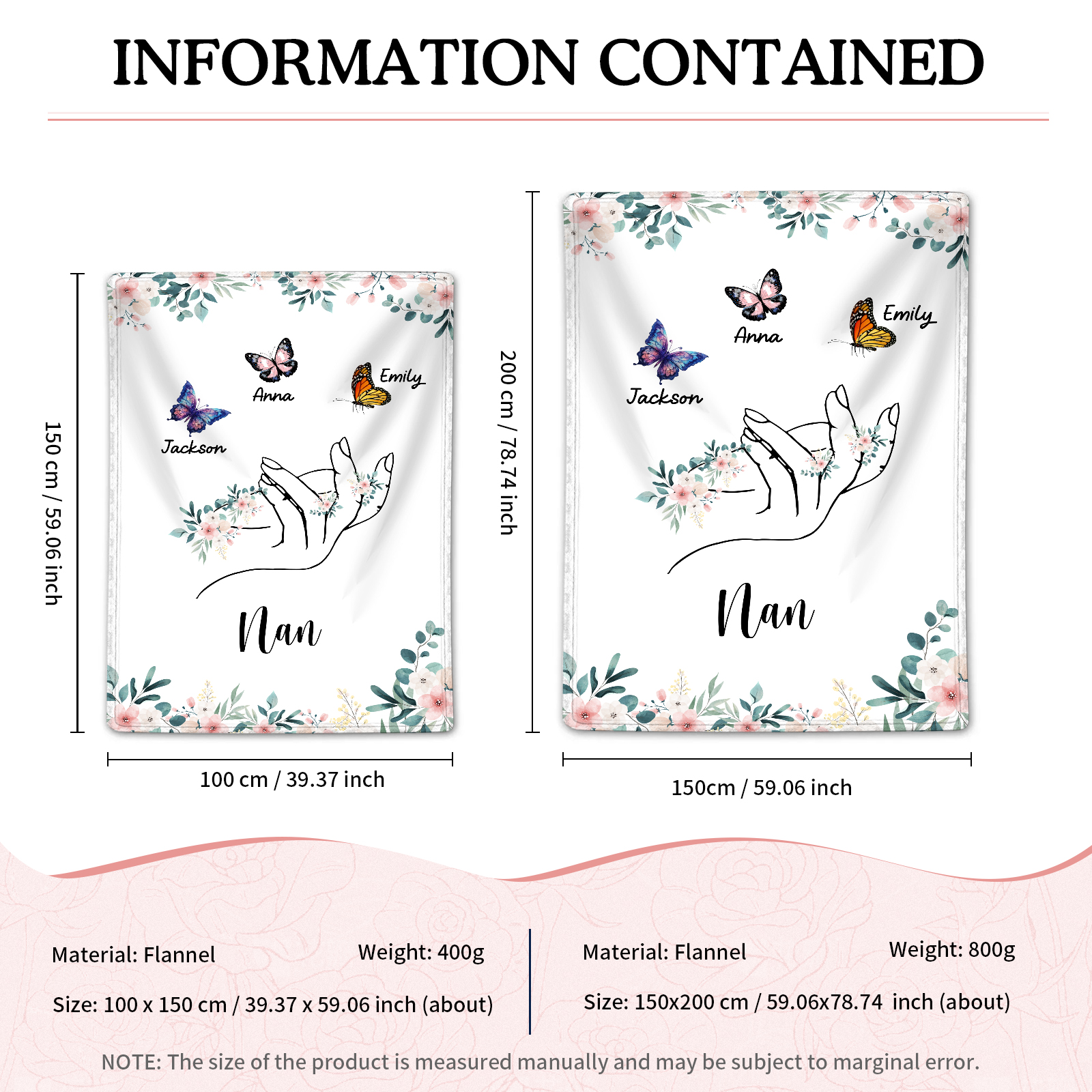 Personalised Butterfly Family Blanket - Custom 3 Names with Floral Accents Blanket Gift for Nan | Jessmade