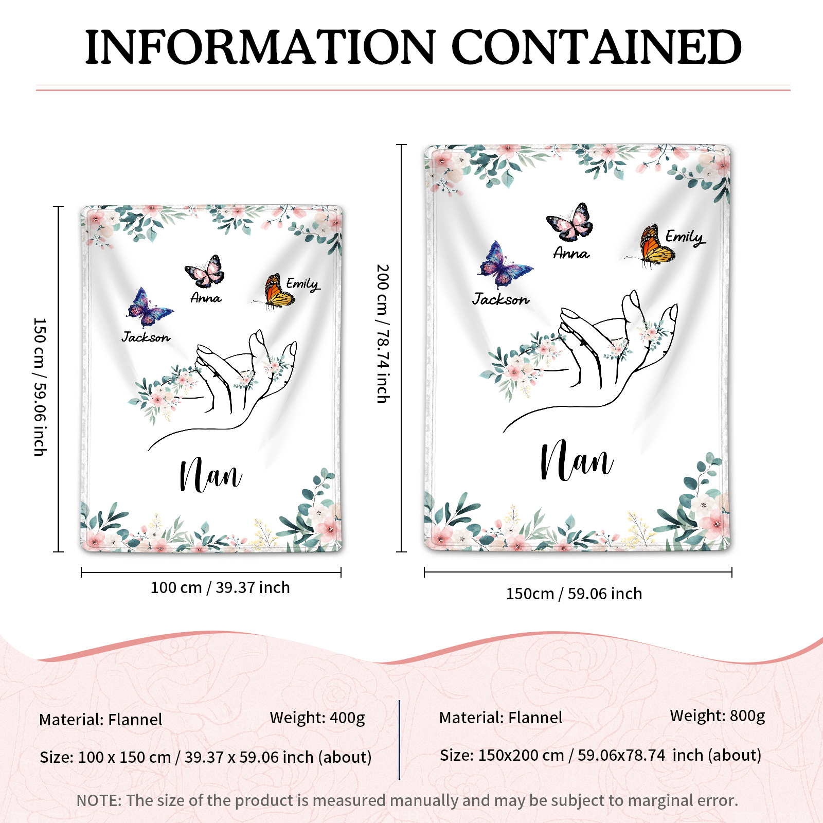 Personalised Butterfly Family Blanket - Custom 3 Names with Floral Accents Blanket Gift for Nan | Jessmade