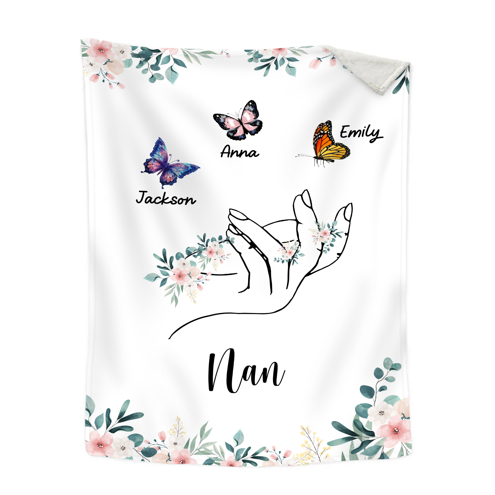 Personalised Butterfly Family Blanket - Custom 3 Names with Floral Accents Blanket Gift for Nan | Jessmade