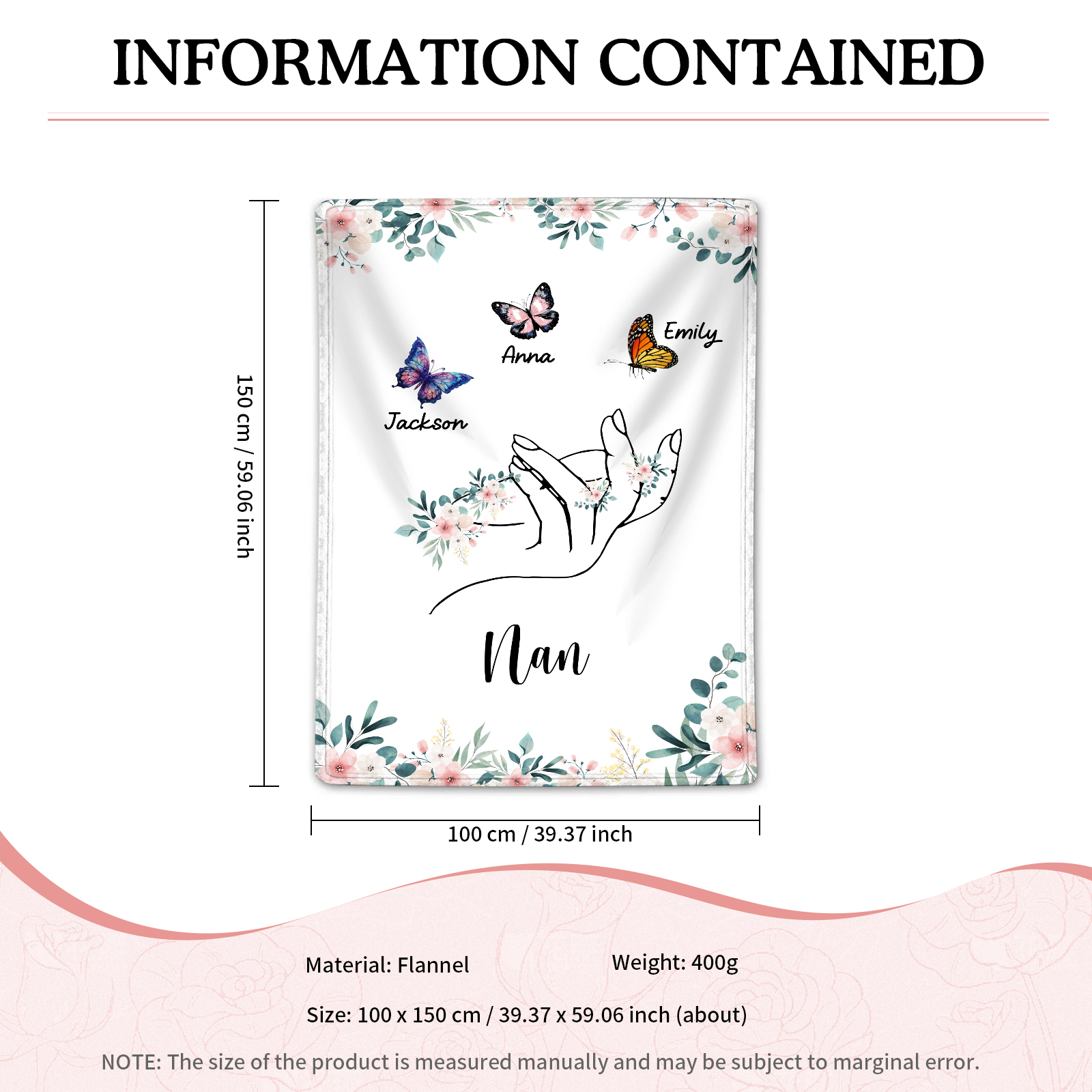 Personalised Butterfly Family Blanket - Custom 3 Names with Floral Accents Blanket Gift for Nan | Jessmade