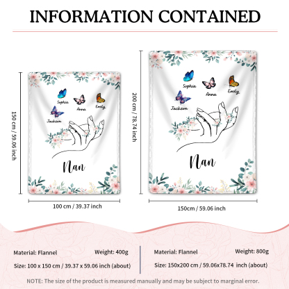 Personalised Butterfly Family Blanket - Custom 4 Names with Floral Accents Blanket Gift for Nan | Jessmade