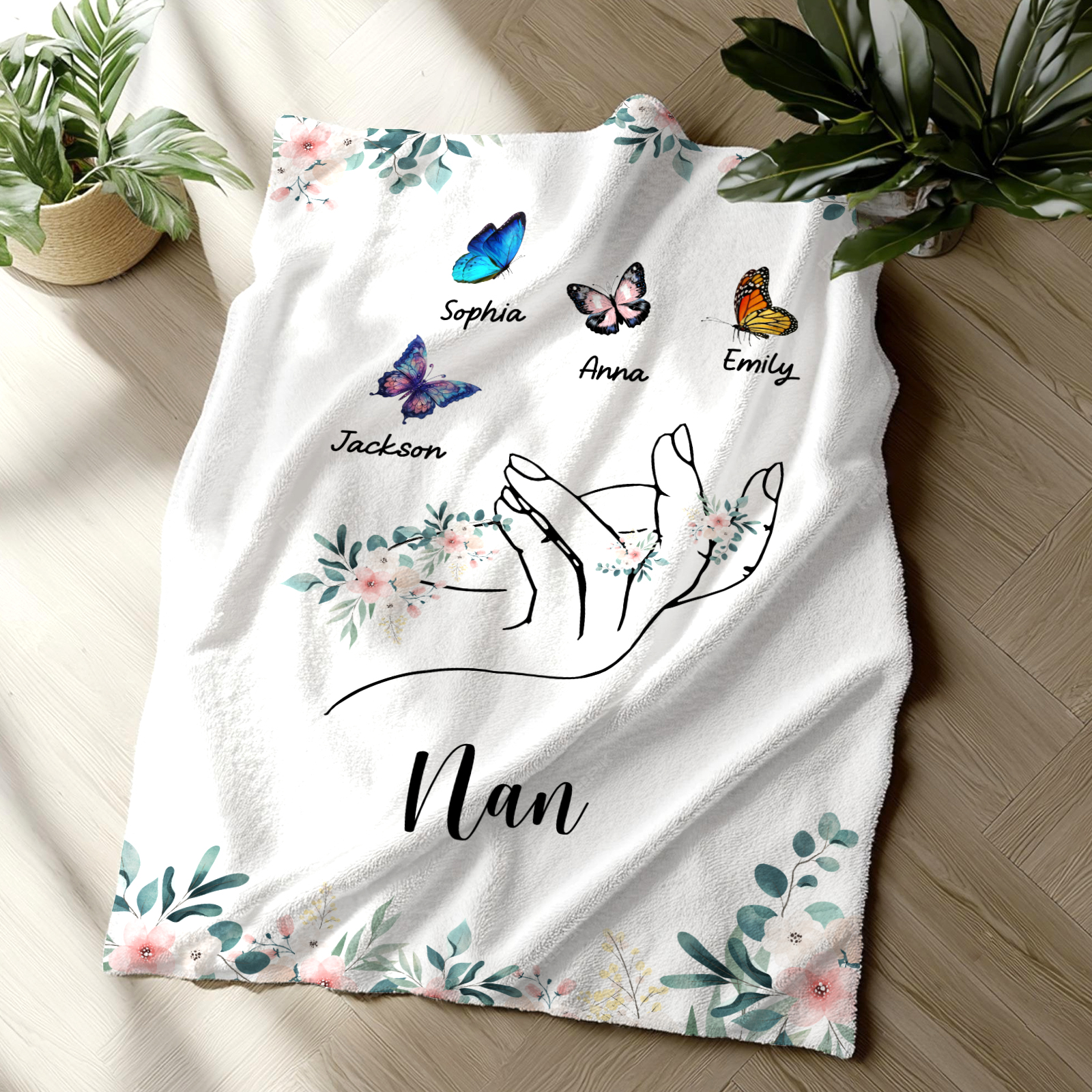 Personalised Butterfly Family Blanket - Custom 4 Names with Floral Accents Blanket Gift for Nan | Jessmade