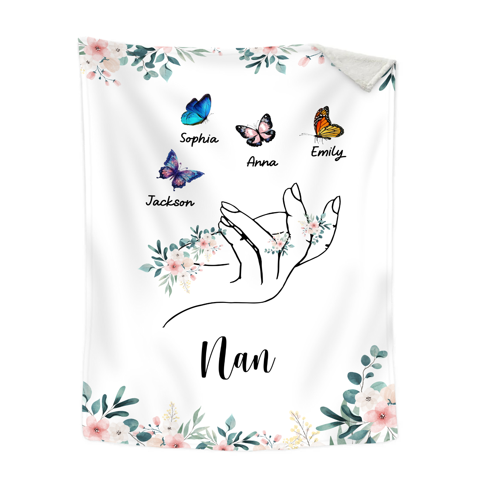Personalised Butterfly Family Blanket - Custom 4 Names with Floral Accents Blanket Gift for Nan | Jessmade