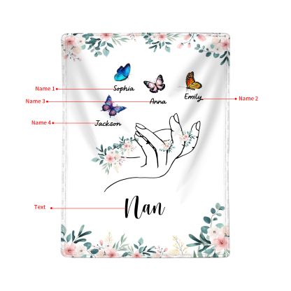 Personalised Butterfly Family Blanket - Custom 4 Names with Floral Accents Blanket Gift for Nan | Jessmade