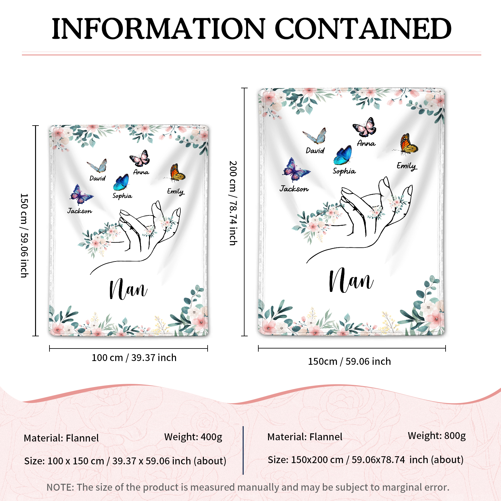 Personalised Butterfly Family Blanket - Custom 5 Names with Floral Accents Blanket Gift for Nan | Jessmade