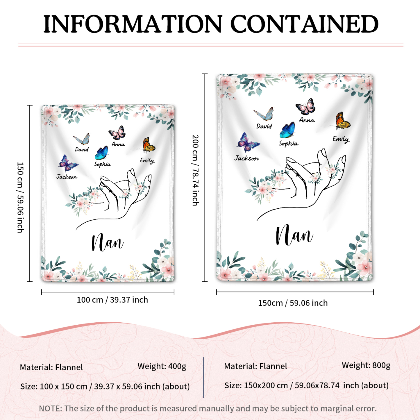 Personalised Butterfly Family Blanket - Custom 5 Names with Floral Accents Blanket Gift for Nan | Jessmade