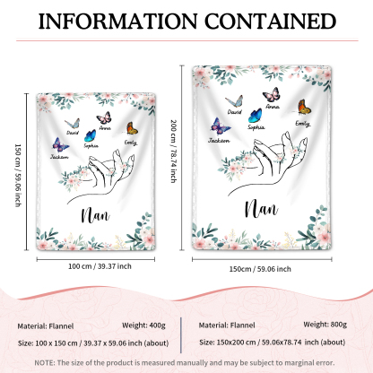 Personalised Butterfly Family Blanket - Custom 5 Names with Floral Accents Blanket Gift for Nan | Jessmade