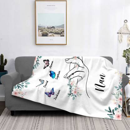 Personalised Butterfly Family Blanket - Custom 5 Names with Floral Accents Blanket Gift for Nan | Jessmade