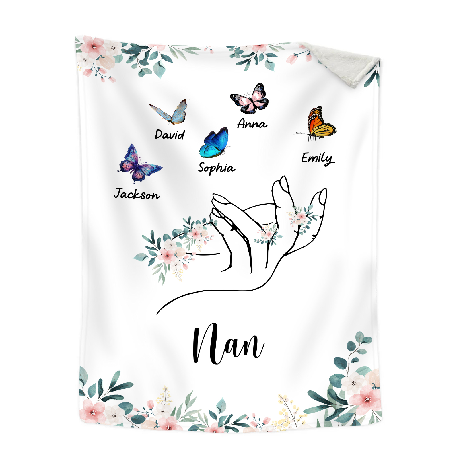 Personalised Butterfly Family Blanket - Custom 5 Names with Floral Accents Blanket Gift for Nan | Jessmade