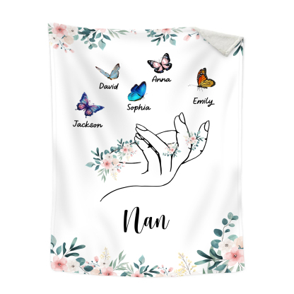 Personalised Butterfly Family Blanket - Custom 5 Names with Floral Accents Blanket Gift for Nan | Jessmade