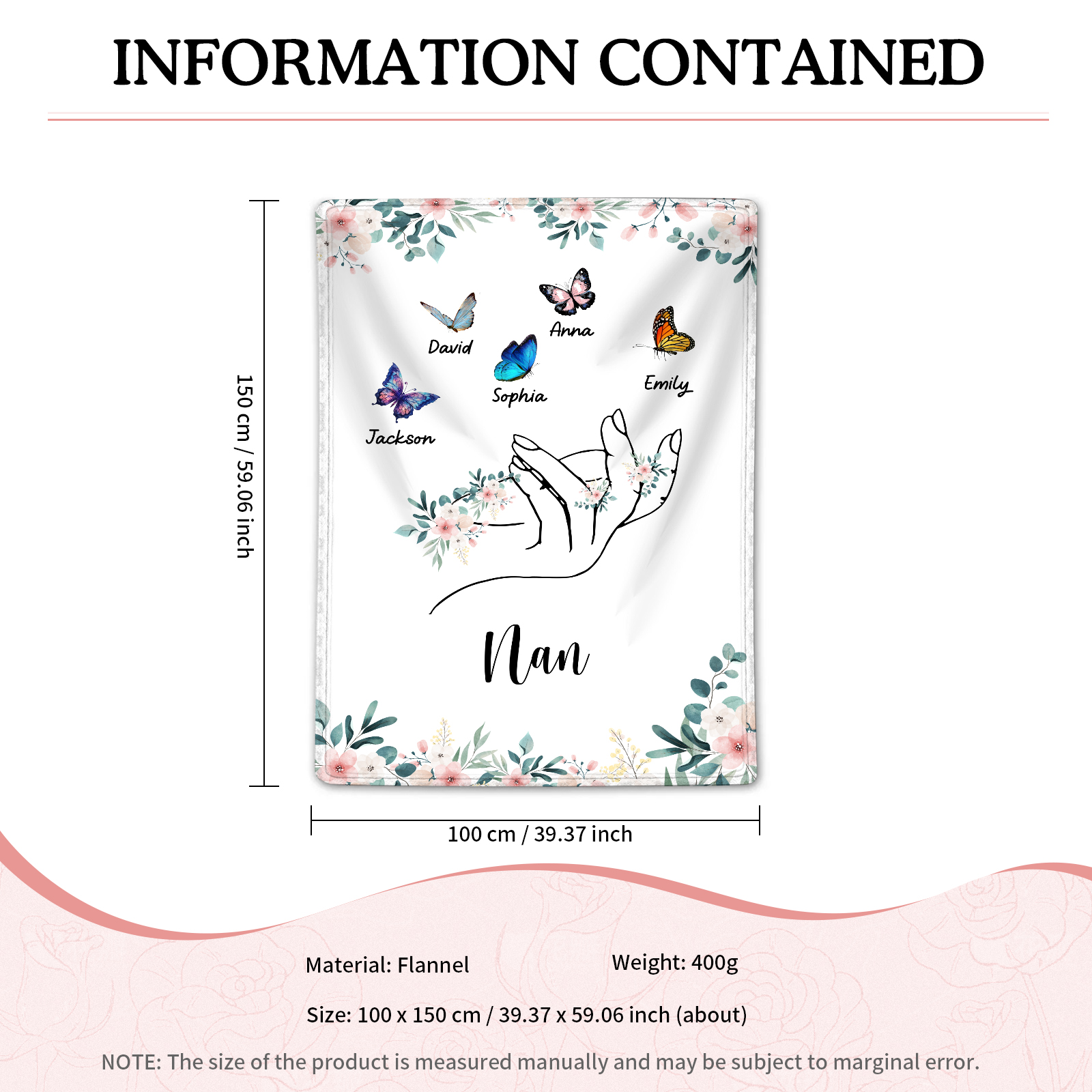 Personalised Butterfly Family Blanket - Custom 5 Names with Floral Accents Blanket Gift for Nan | Jessmade