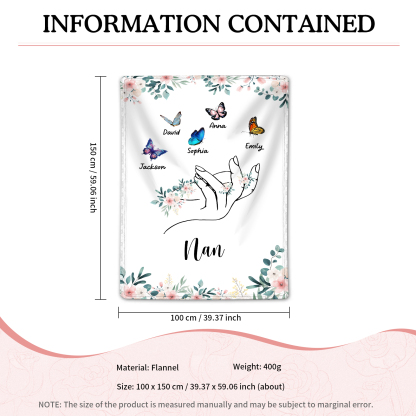 Personalised Butterfly Family Blanket - Custom 5 Names with Floral Accents Blanket Gift for Nan | Jessmade