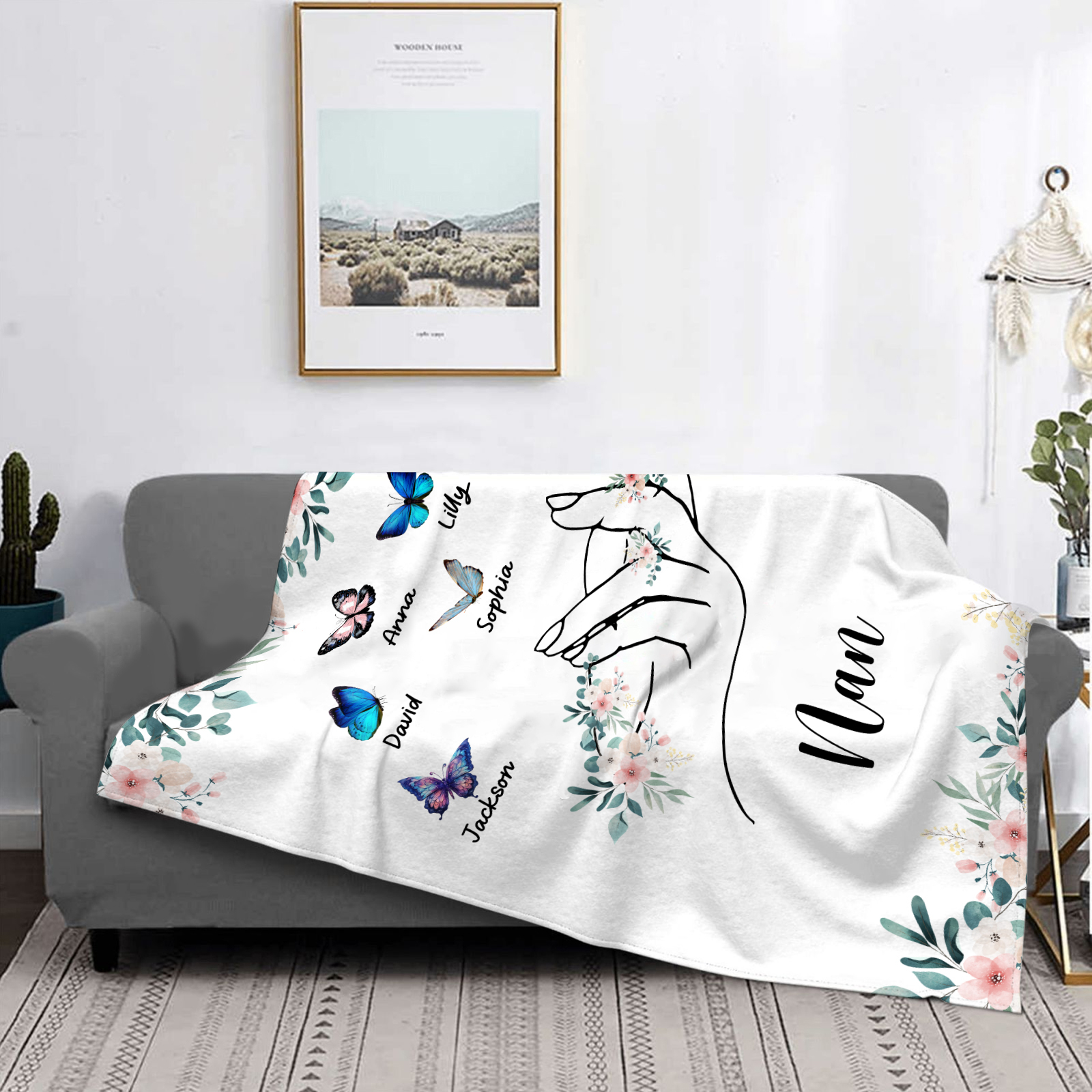 Personalised Butterfly Family Blanket - Custom 6 Names with Floral Accents Blanket Gift for Nan | Jessmade