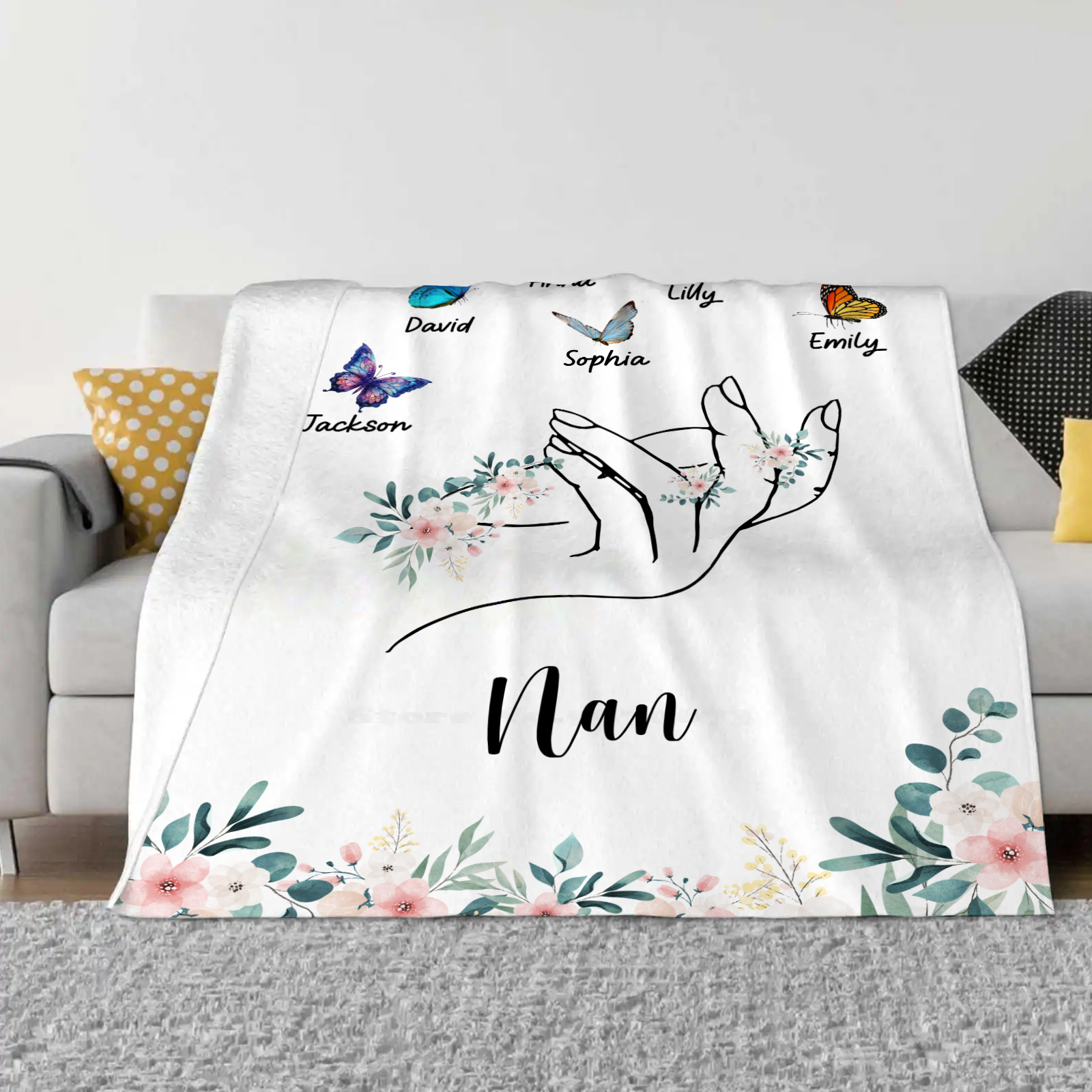 Personalised Butterfly Family Blanket - Custom 6 Names with Floral Accents Blanket Gift for Nan | Jessmade