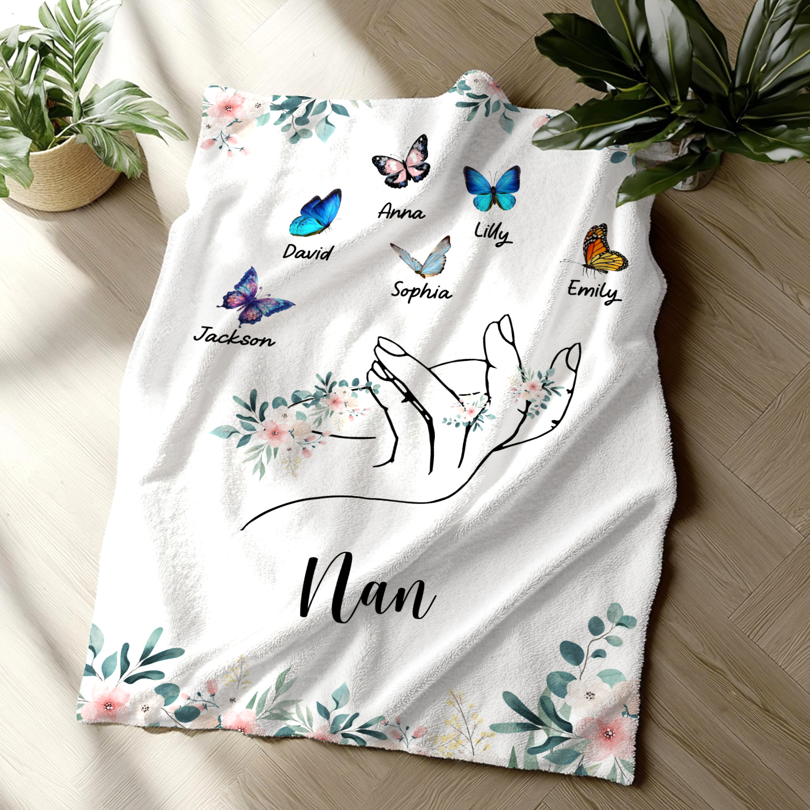 Personalised Butterfly Family Blanket - Custom 6 Names with Floral Accents Blanket Gift for Nan | Jessmade
