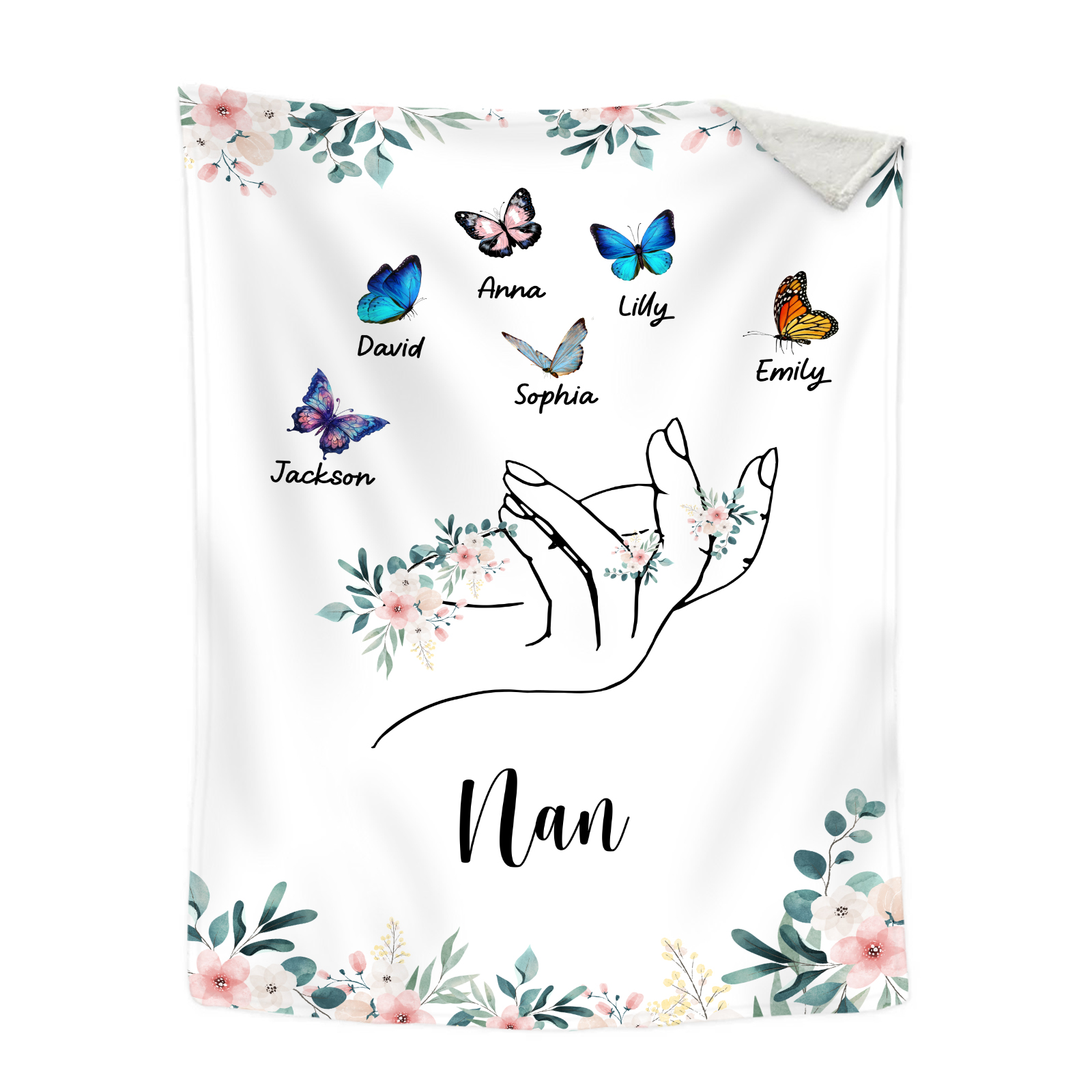 Personalised Butterfly Family Blanket - Custom 6 Names with Floral Accents Blanket Gift for Nan | Jessmade