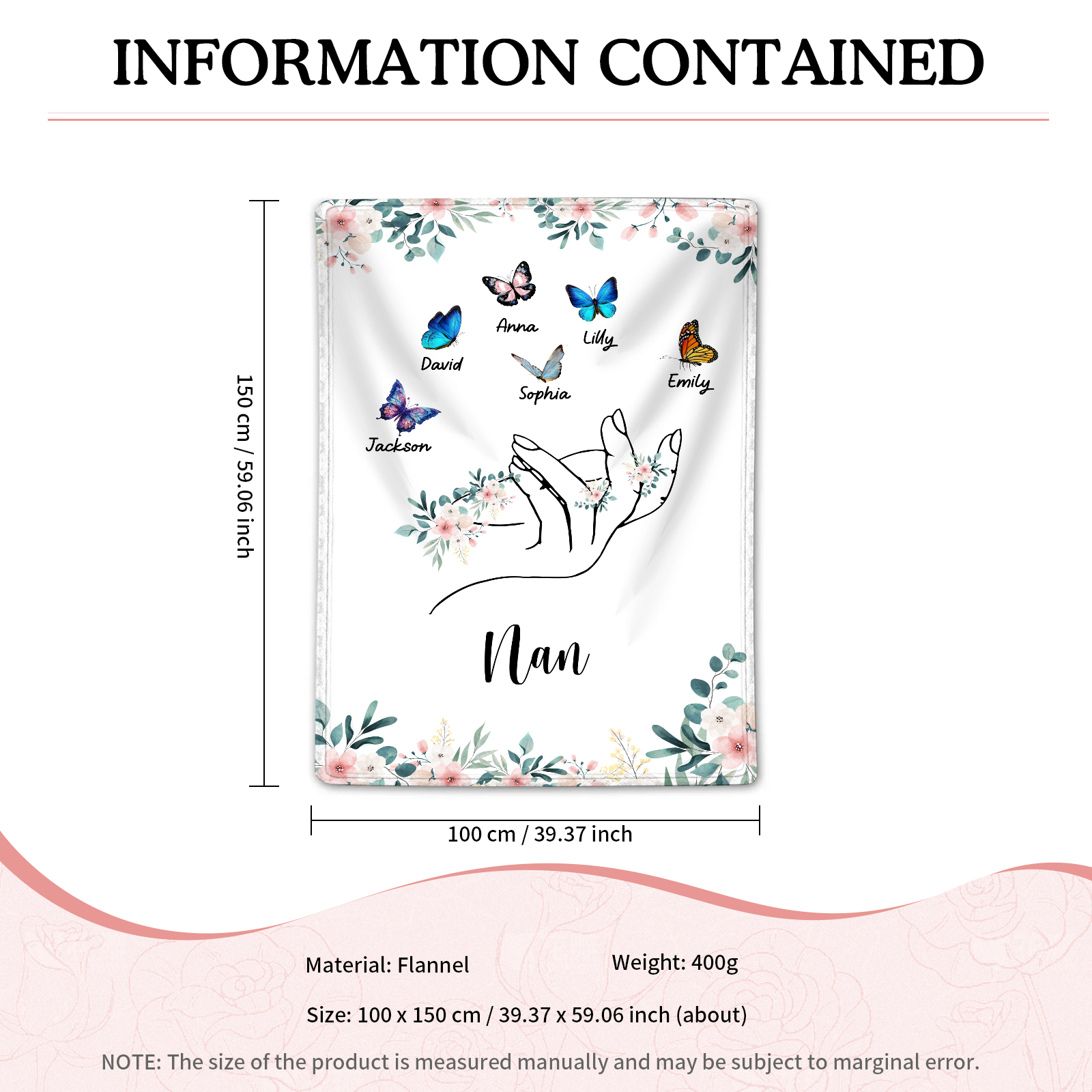 Personalised Butterfly Family Blanket - Custom 6 Names with Floral Accents Blanket Gift for Nan | Jessmade