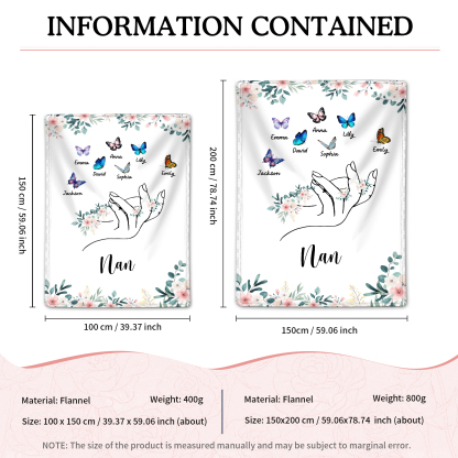 Personalised Butterfly Family Blanket - Custom 7 Names with Floral Accents Blanket Gift for Nan | Jessmade