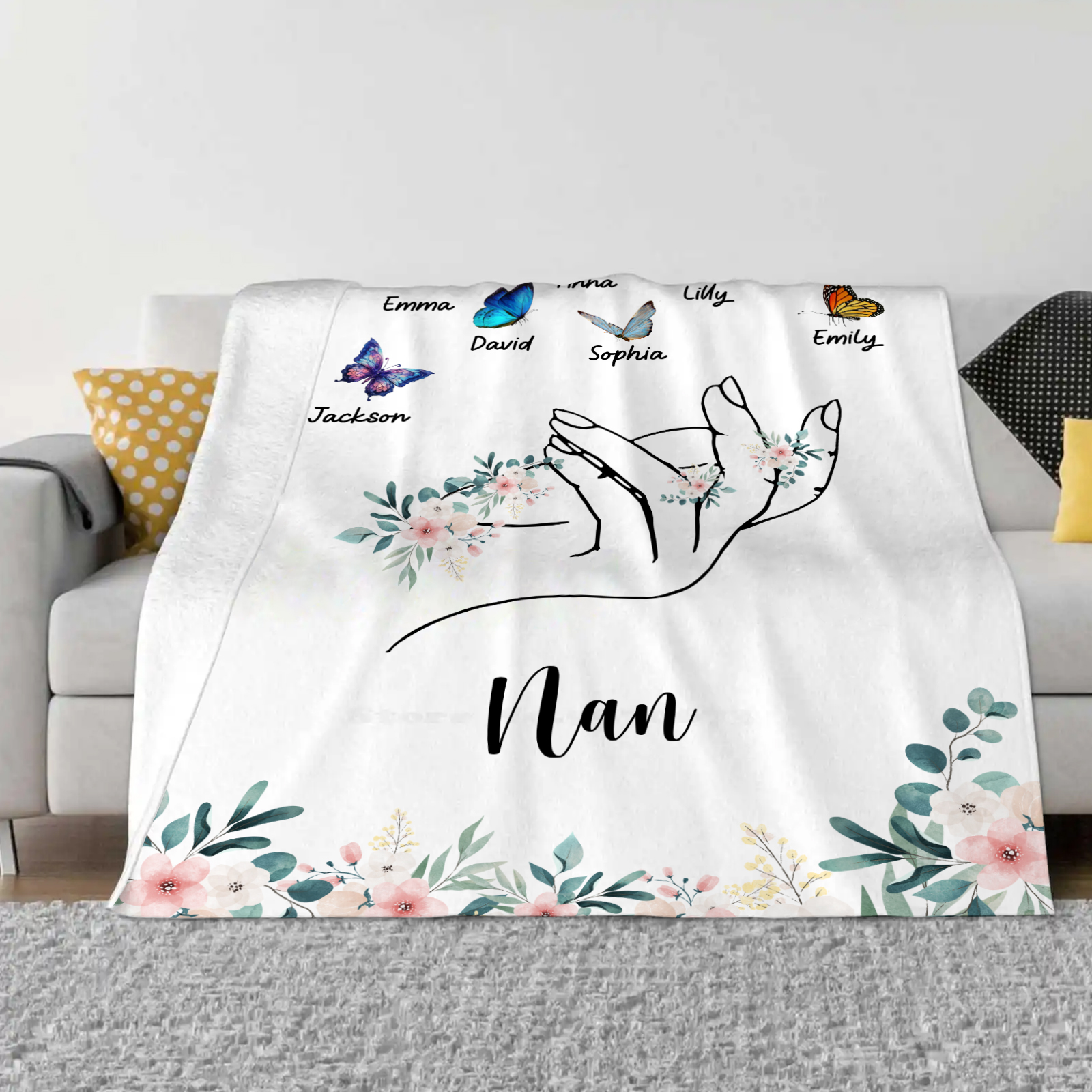 Personalised Butterfly Family Blanket - Custom 7 Names with Floral Accents Blanket Gift for Nan | Jessmade