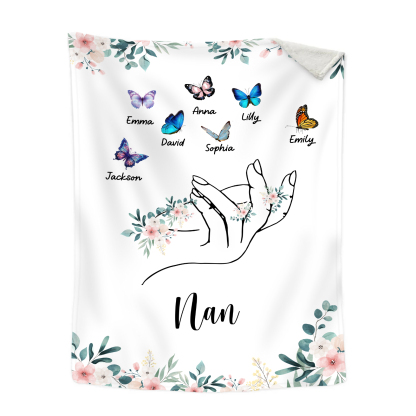 Personalised Butterfly Family Blanket - Custom 7 Names with Floral Accents Blanket Gift for Nan | Jessmade